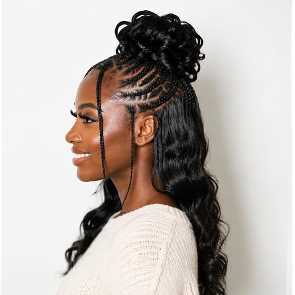 Top Bun Fulani Braids using Body Wave in 1B – Natural Black