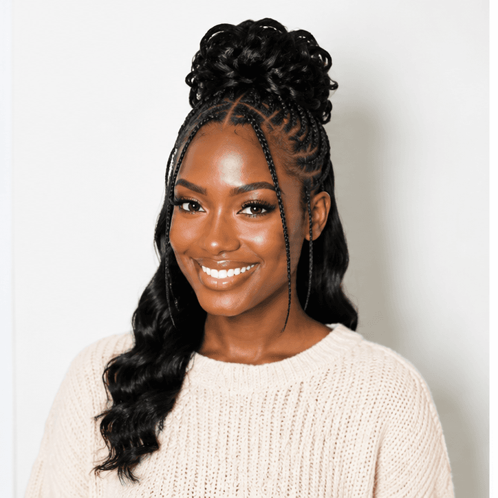 Top Bun Fulani Braids using Body Wave in 1B – Natural Black